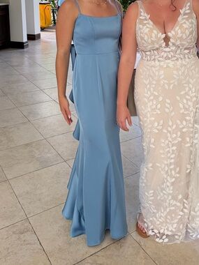 Azazie Light Blue Satin Spaghetti Strap Bridesmaid Gown